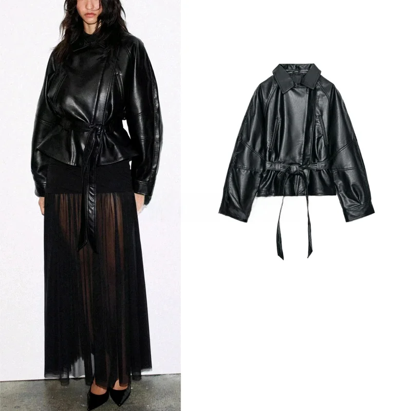 

Новая осенняя женская мотоциклетная юбка с узлом и поясом, девять очков, верхняя одежда из искусственной кожи