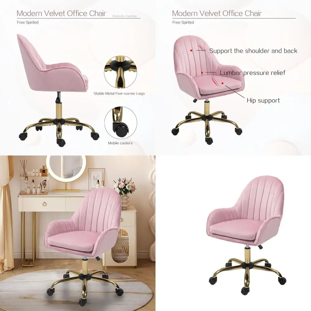 

Розовое бархатное вращающееся кресло с золотыми ножками, эргономичное кресло-туалетный столик на колесиках для женской кабинета, спальни, гостиной