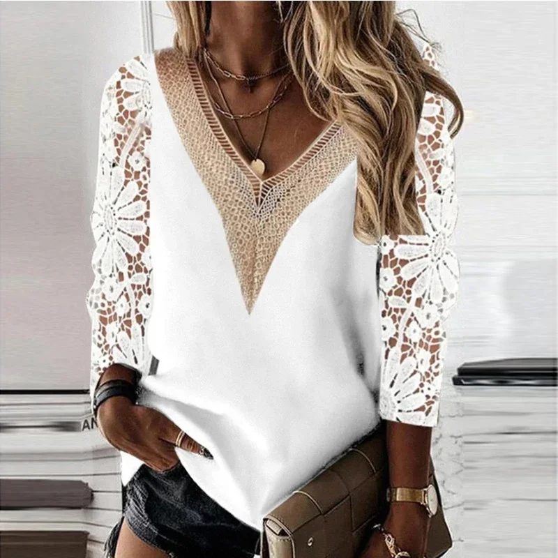 Spring Autumn V-neck Lace Office Lady Blouse Fashion Long Sleeve Hollow Chiffon Shirt Casual Tops Loose Clothes Blusas 25948