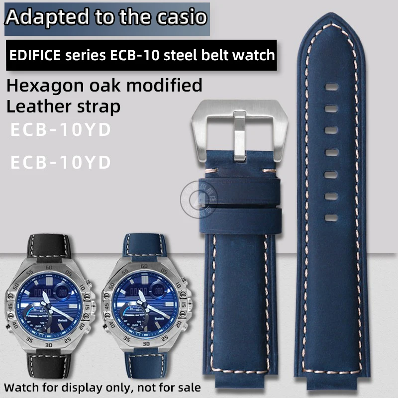 Pulseira de relógio de couro retrô masculina, pulseira modificada, marrom, azul, hexágono, carvalho, 5618, ECB-10YDC, ECB-10Y, EC 10, 24x14mm