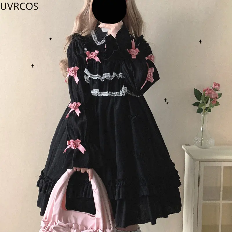 Japanese Victorian Gothic Lolita Jsk Dress Vintage Women Kawaii Bow Lace Strap Dresses Girls Elegant Princess Party Mini Dresses