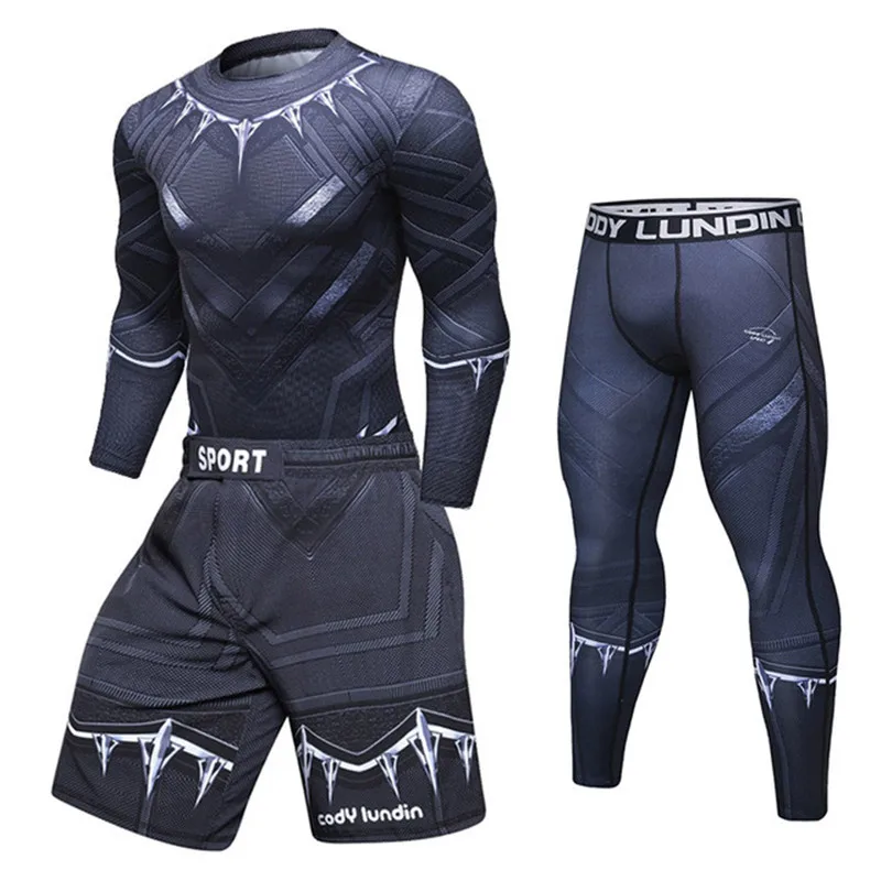 Compressie Shirt Zwart Panther Spider Fitness Winter Soldaat Gym Workout Mma Rashguard Bjj Mannen Jiu Jitsu Running Jogging Set