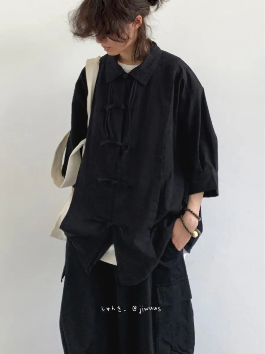 2026 New Summer Chinese Retro Tang Style Solid Color Shirt Unisex Loose Frog Button Short Sleeve Traditional National Blouse