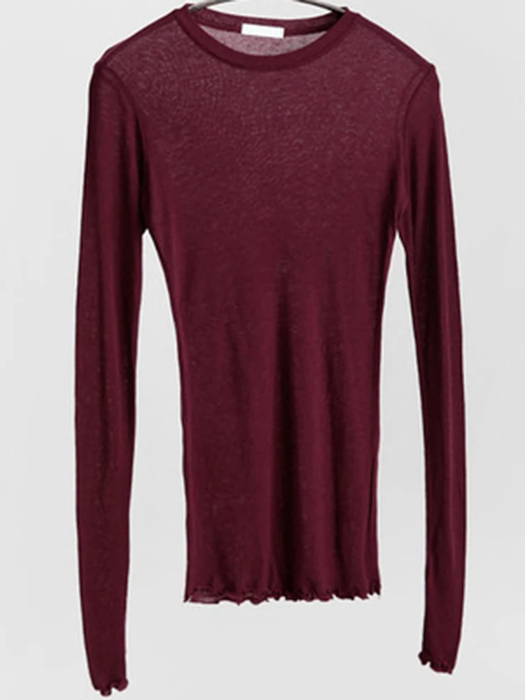 Hohe Qualität Plain T Shirt Frauen Elastische Grundlegende T-shirts Weibliche Casual Tops Langarm Sexy Dünne T-shirt durchsichtig