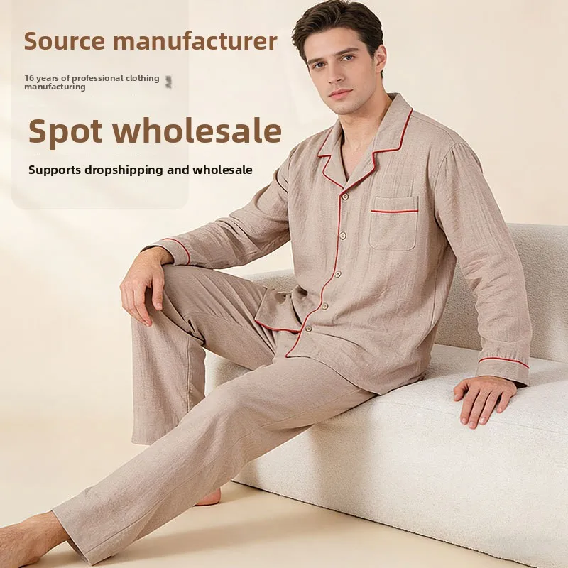 

Sleepwear Summer Male Pajamas Set Man Pure Cotton Men's Pajama Set Long Sleeves Long Pants Home Wear Outside 2pcs Lounge