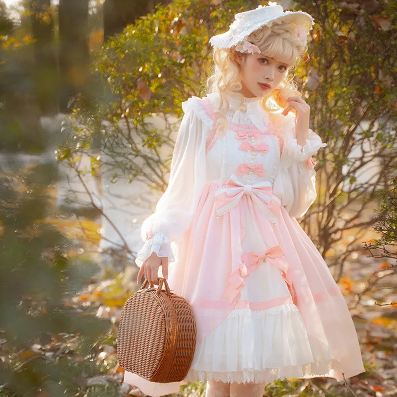 2pcs Lolita OP Dress Lantern Sleeve Shirt Pink Bow Ruffle Edge Dress Spring Autumn Cute Dress L-4XL