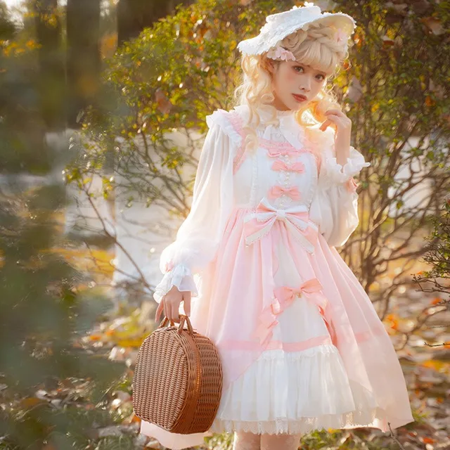 2 szt. Sukienka Lolita OP koszulka z lampionowymi rękawami z różową kokardką marszczona sukienka wiosna jesień urocza sukienka L-4XL
