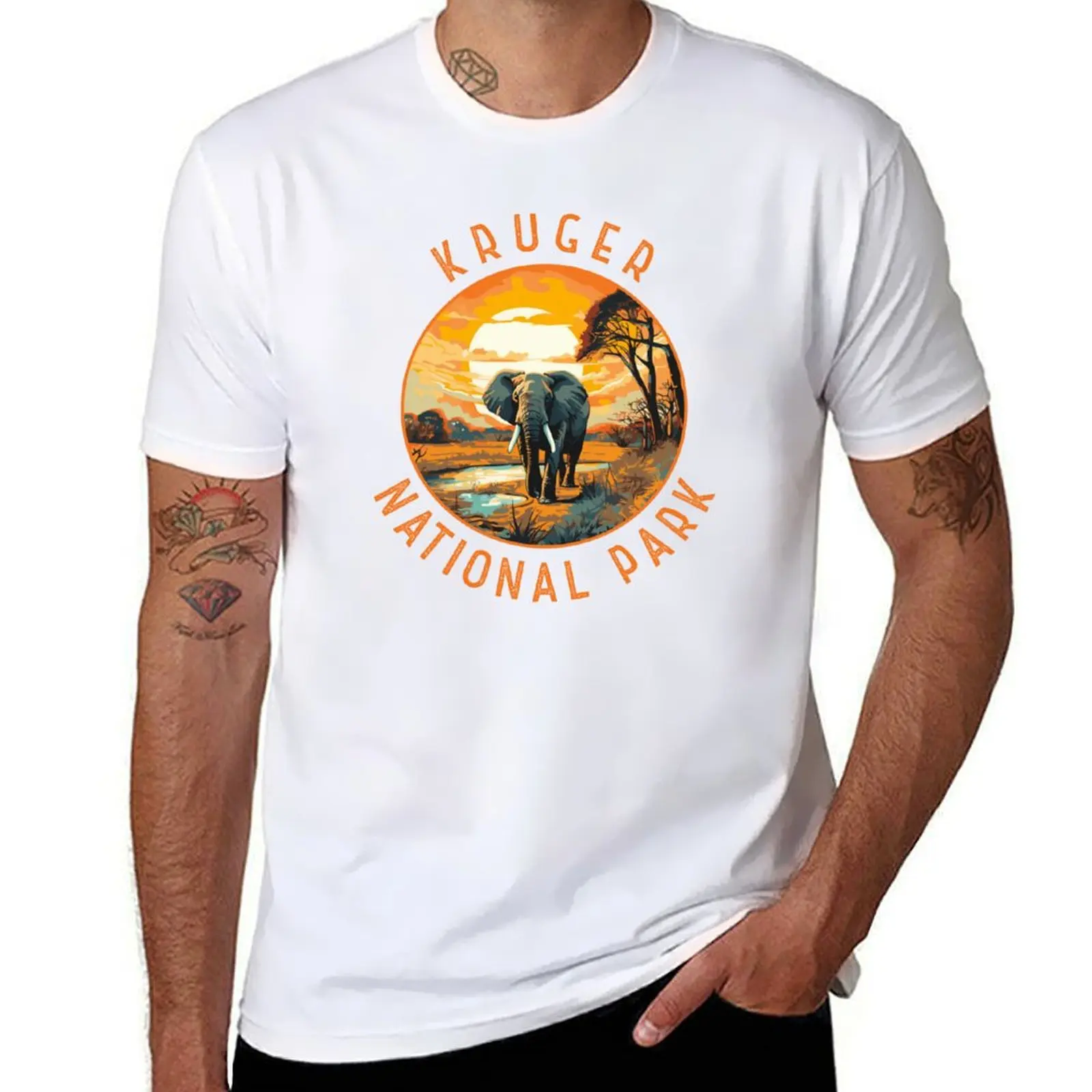 

Kruger National Park South Africa Elephant Retro Distressed Circle T-Shirt Quick Dry Training Short Sleeve Tee