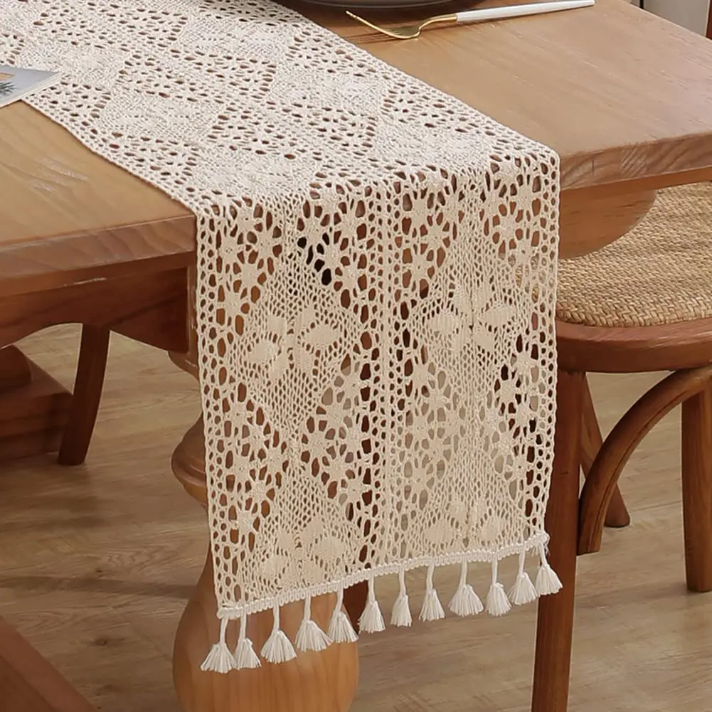

Crochet Lace Table Runner,Boho Cotton Table Runners with Tassels, Rustic Farmhouse Table Decoration,Mesh Woven Table Decor