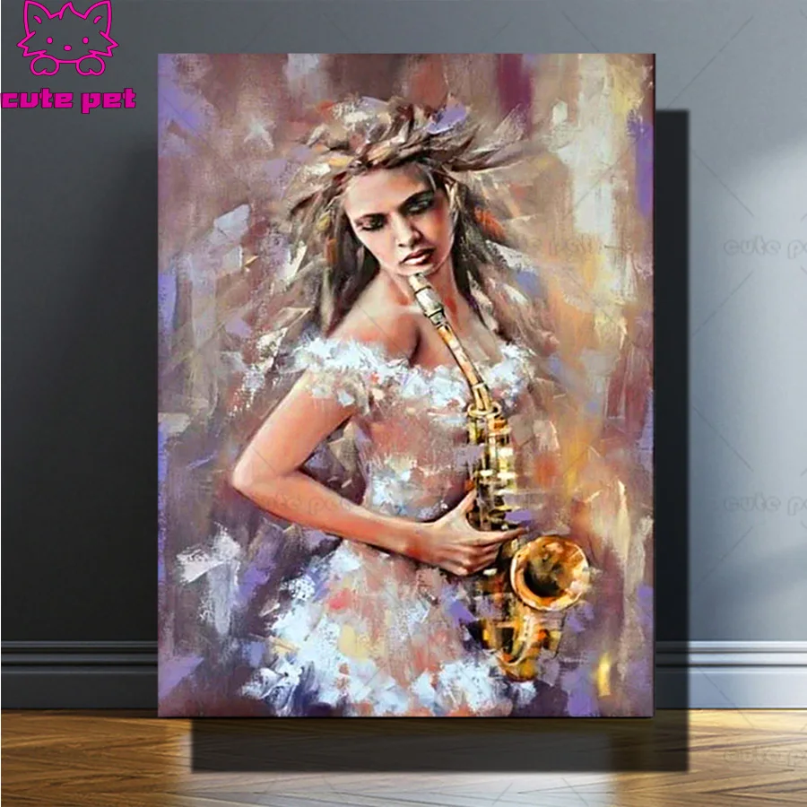 Diamond Painting Full Square round Drill woman play Saxophone photo Custom Embroidery Sale Mosaic Rhinestone Musical instrument