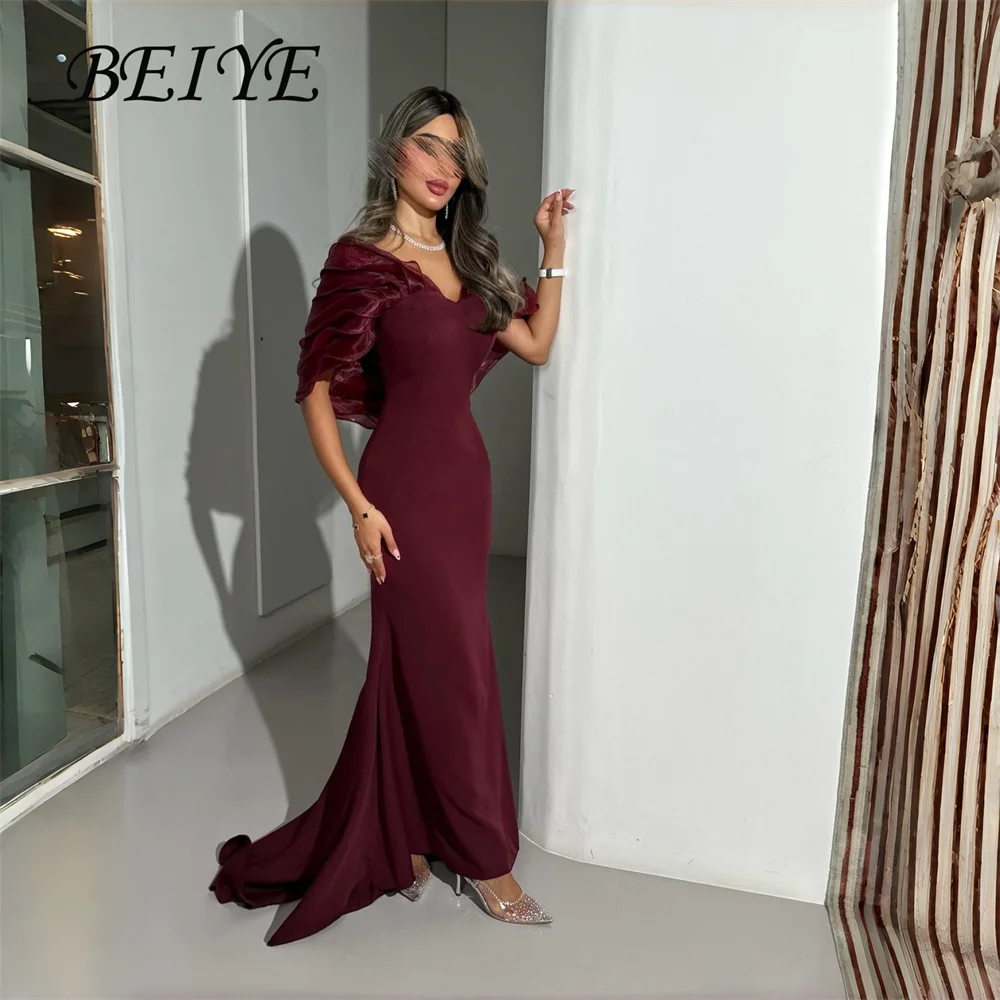 

BEIYE Classic Off The Shoulder Mermaid Evening Dress Women V-Neck Pleat Open Back Party Gown Customized فساتين سهرة