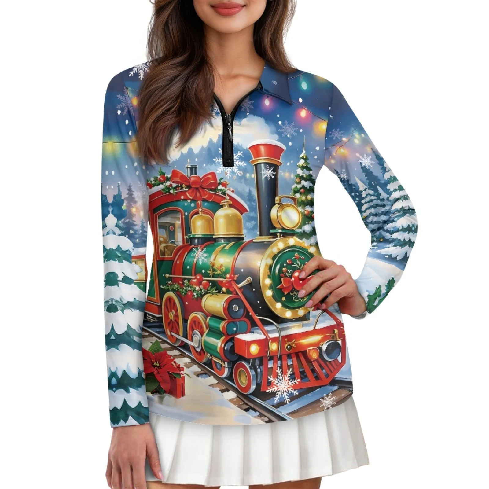 PENSTROLL Christmas Train Womens Comfortable Polos Shirts for Women Stretchy Yoga Activewear for Winter