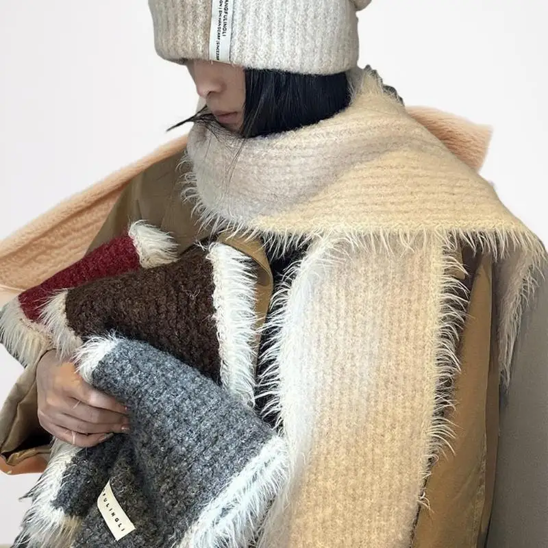 Cachecol de malha de lã espessada para mulheres moda inverno listras verticais cores contrastantes aquecedor de pescoço quente