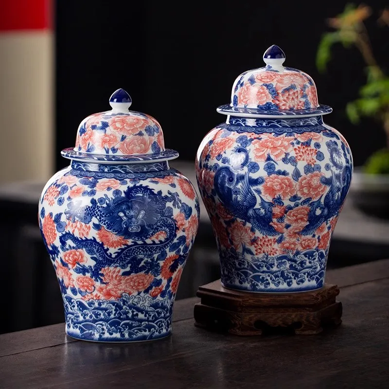 Jingdezhen Dragon Phoenix Blue and White Ceramic General Jar for Home Storage Tea can be used as a vase decoration