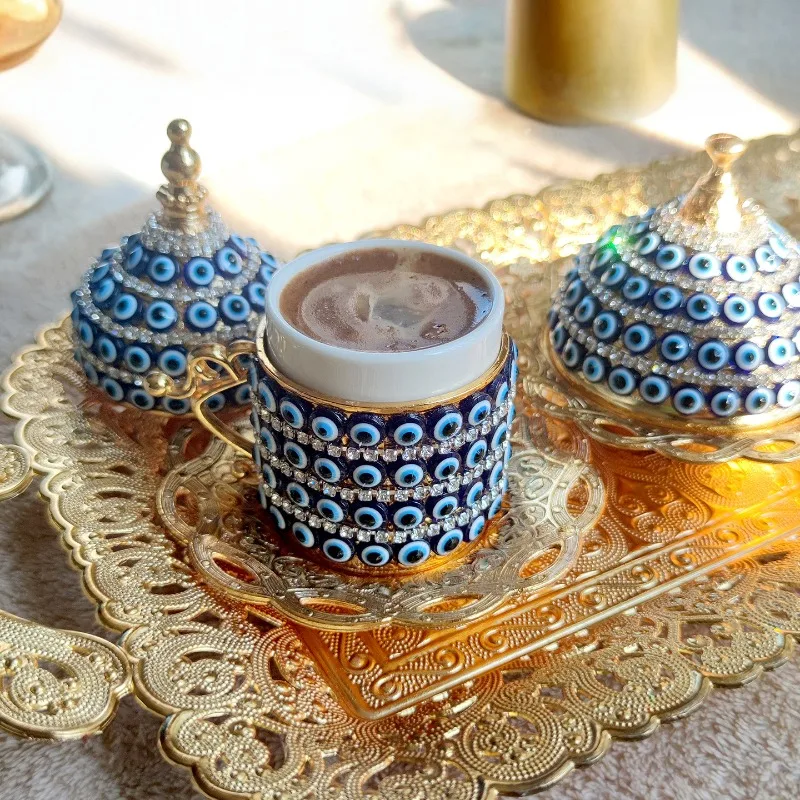 Handmade Turkish Evil Eye Coffee Mug Set, Royal Gold Silver Rhinestone Cup, Ceramic Drinkware Gift Box for Home Decor. view 5