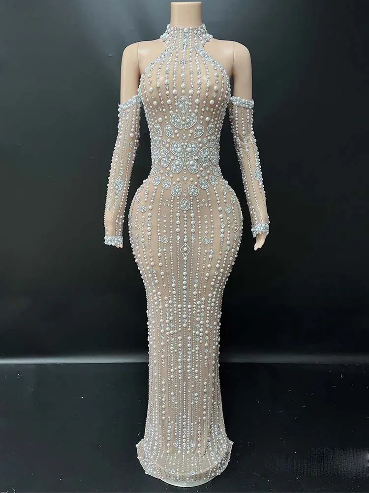 High quality rhinestone hot bead sexy off shoulder hanging neck slit dress 2025 new fashion custom women's clothing