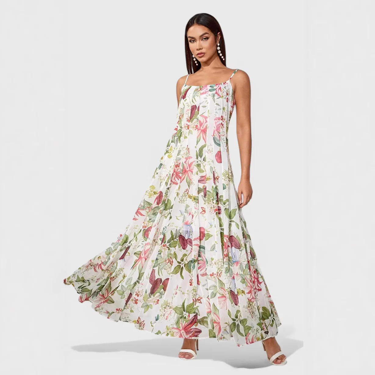 2026 European and American summer new suspender fresh print long swing dress
