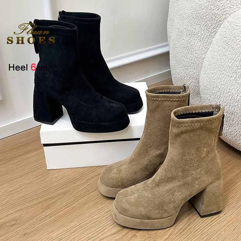 

Короткие ботинки во французском стиле, осень-зима, новый стиль, женская обувь, черные замшевые ботильоны на грубом каблуке 6 см, повседневные универсальные ботинки