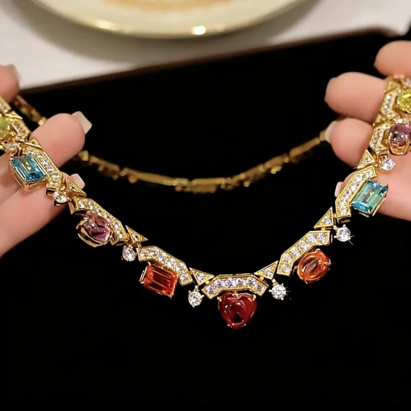 BELLUX 925 Silver Synthetic Zircon Flower Stars Colorful Peach Heart Full Diamond Luxury Fashion Vintage Necklace
