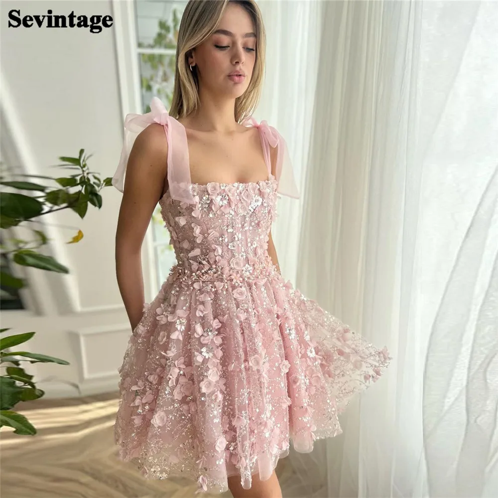 Sevintage Fairy Pink Prom Dresses 3D Flowers Spaghetti Strap Pleat Ruched Above Knee Homecoming Dresses vestidos de graduación