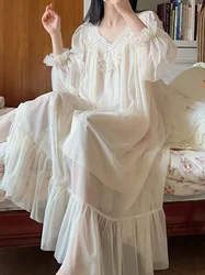 French Fairy Mist Mesh Sleepwear Nightdress Women Pure Cotton Fantasy Robe Princess Ruffles Dress Spring Victorian Nightgowns