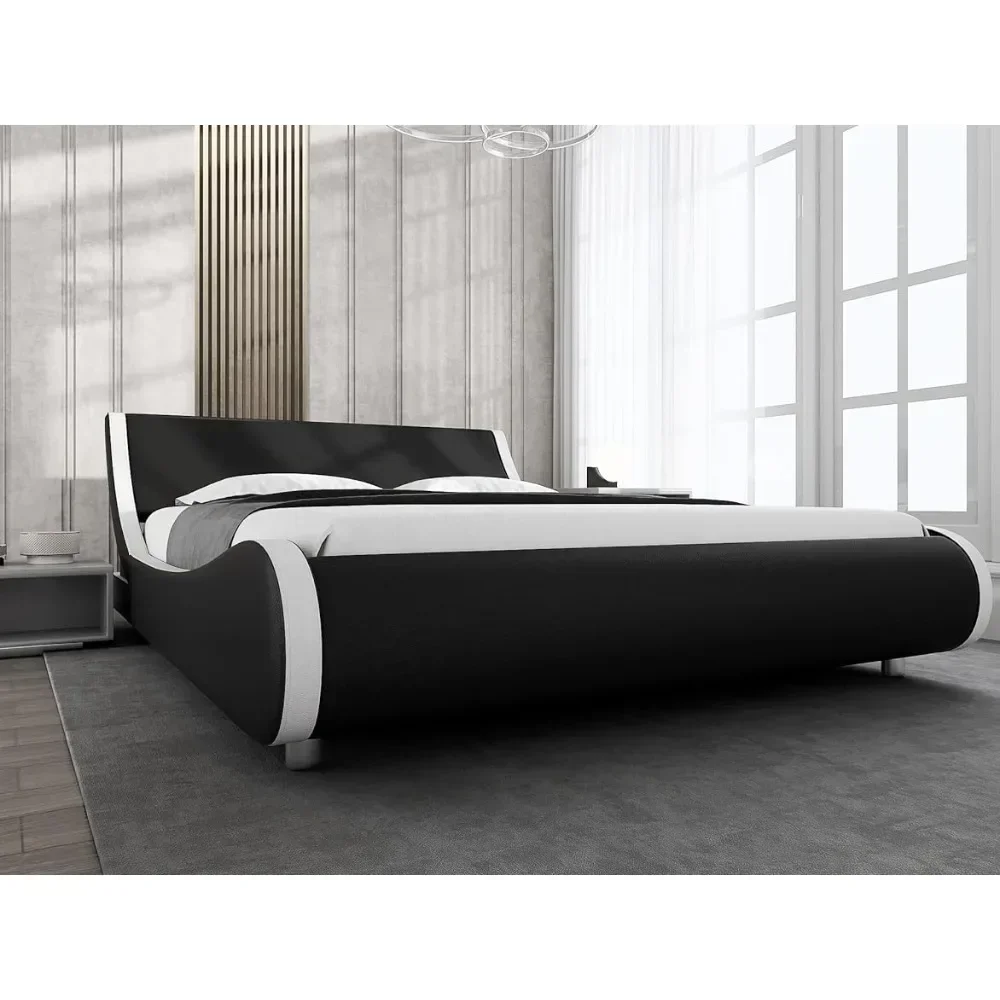 Upholstered queen platform bed frame modern low-profile sleigh bed with faux leather headboard for easy assembly