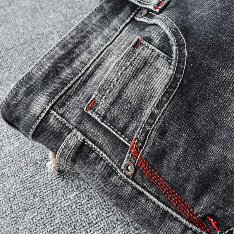 Fashion Designer Men Jeans Retro Black Gray Elastic Slim Ripped Jeans Men Trendy Trousers Embroidery Vintage Denim Pants Hombre