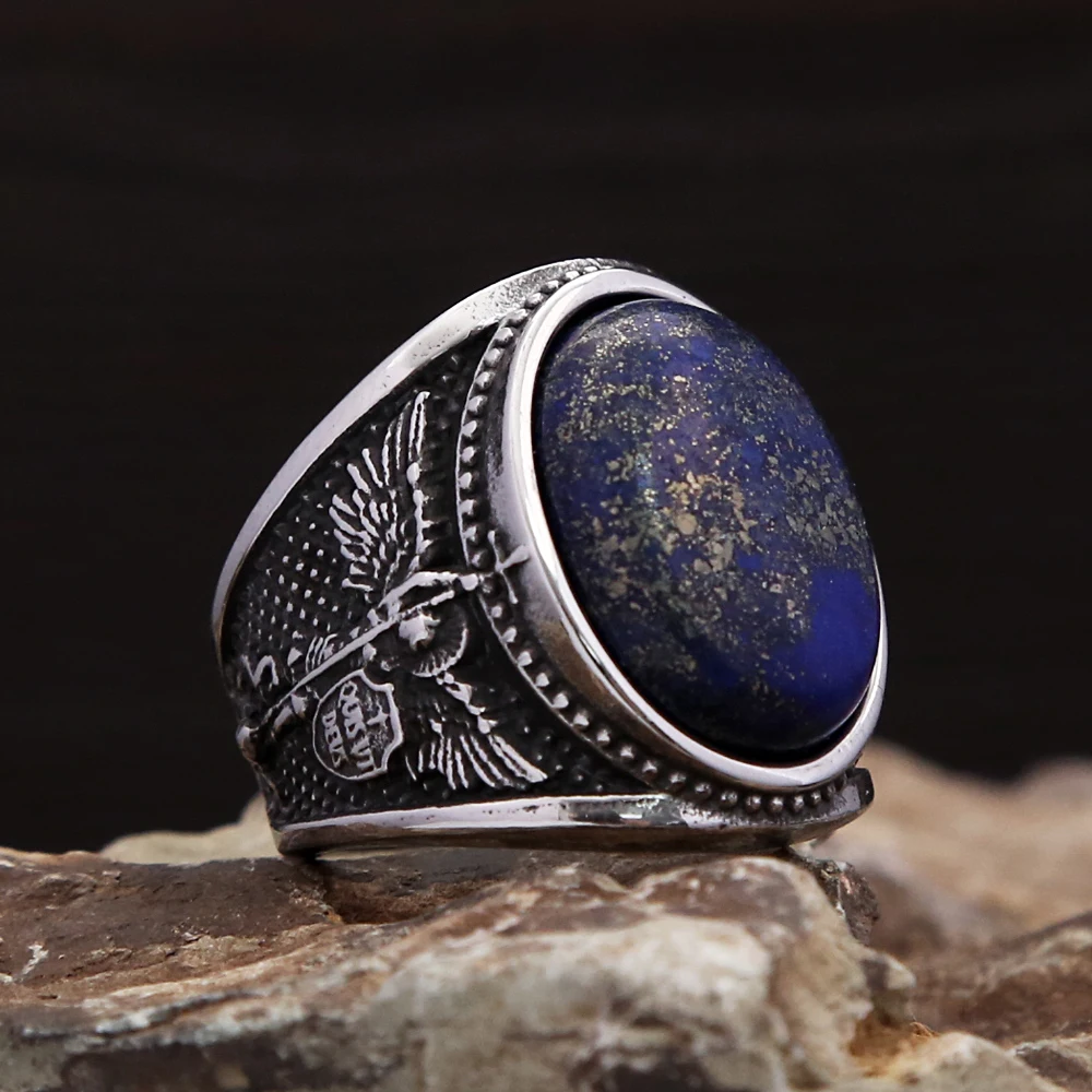 Men's Classic 316L Stainless Steel Vintage St Michael Ring Fashion Religious Pattern With Blue Zircon Exquisite Amulet Jewelry