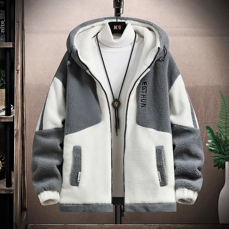 Winter Korean Men's Jackets Zipper Cardigan Coat Fleece Thick Warm Padded Jumpers Jacket Artificial Fur Luxury Male Clothing