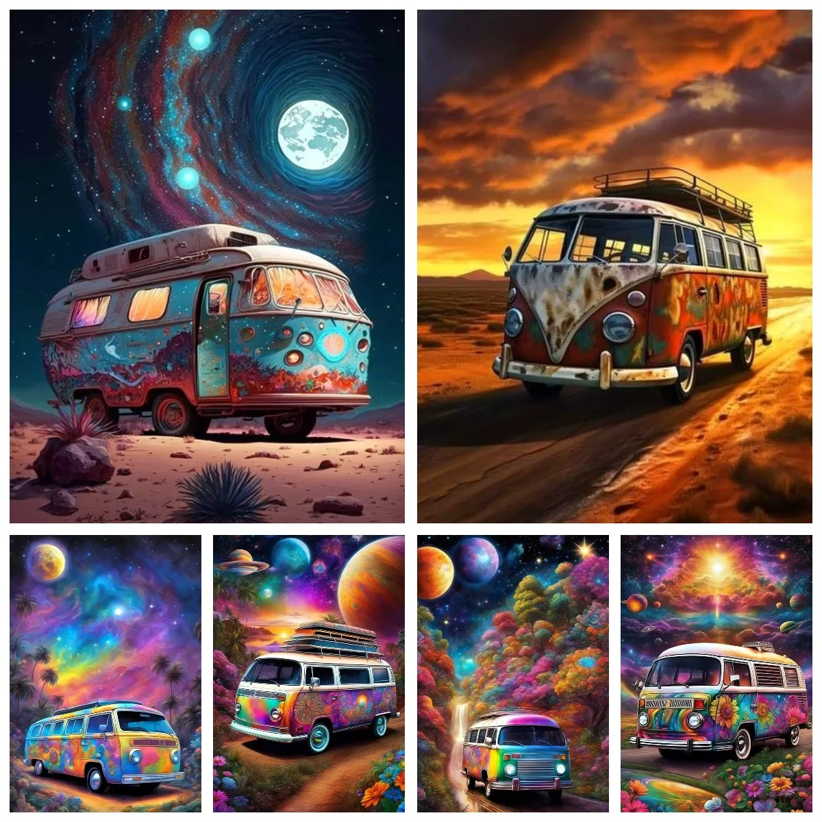 성인용 야외 히피 반 다이아몬드 페인팅 키트, 풀 드릴, DIY 5D, 캠퍼 버스 다이아몬드 아트 페인팅, 보석 아트 다이아몬드 도트