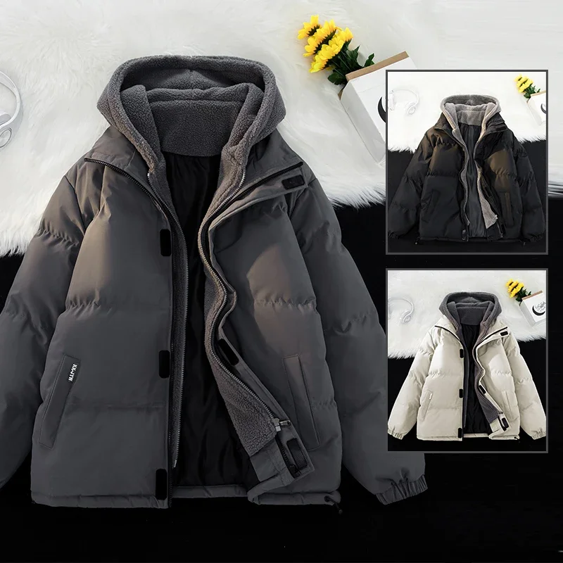 Winter Fake Two Piece Puffer Jacket Mens Thick Warm 8XL Winter Jacket Men Cotton Padded Hooded Parkas Windproof Outwear Coats