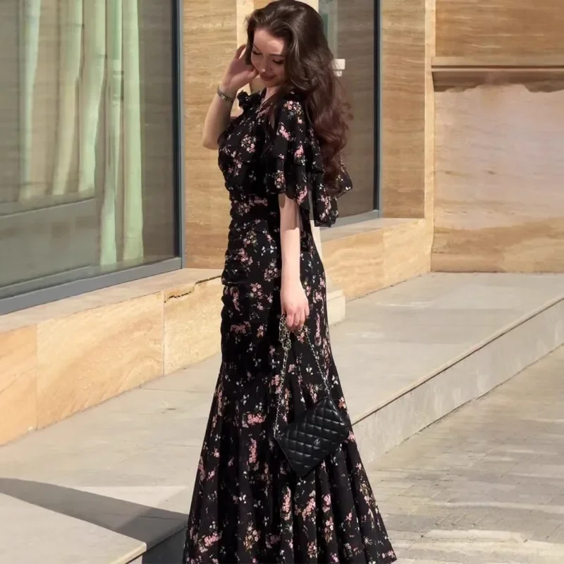 

2025 spring new floral soft short-sleeved comfortable long dress elegant temperament dress women S9248