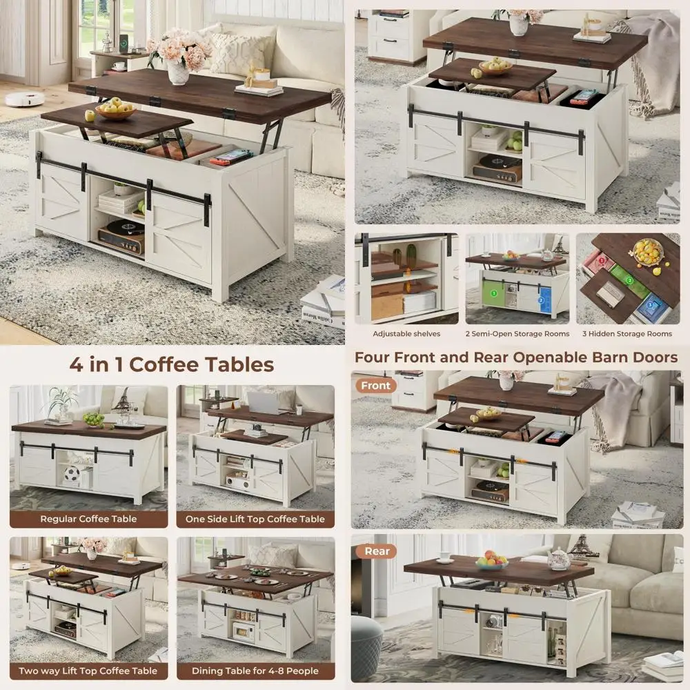 

Журнальный столик в стиле фермерского дома с раздвижными дверями сарая, 4-сторонними регулируемыми полками и скрытым хранилищем