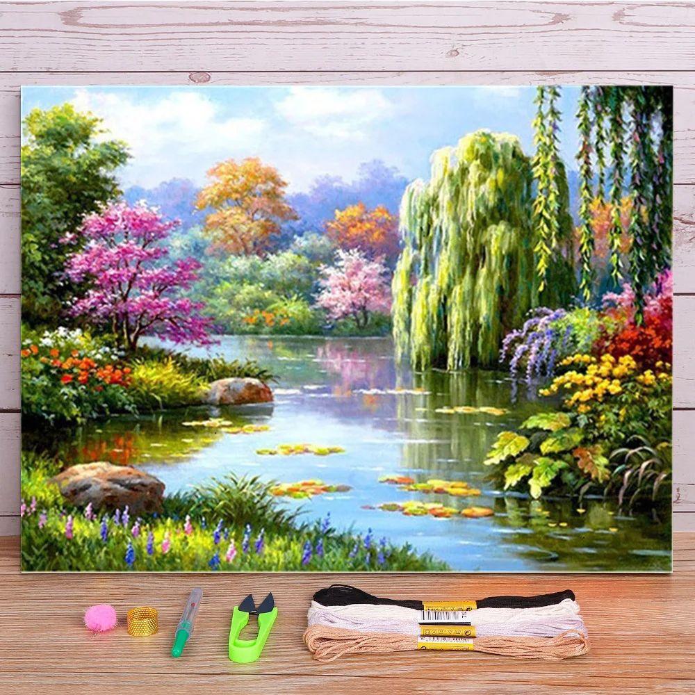 Landscape Nature Printed Water-Soluble Canvas 11CT Cross-Stitch Kit Embroidery DMC Threads Craft Handiwork     Stamped