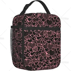 Valentines Day Pink and Black Love Hearts Insulated Lunch Bag for Women and Men, Reusable Portable Box for Office Travel Work