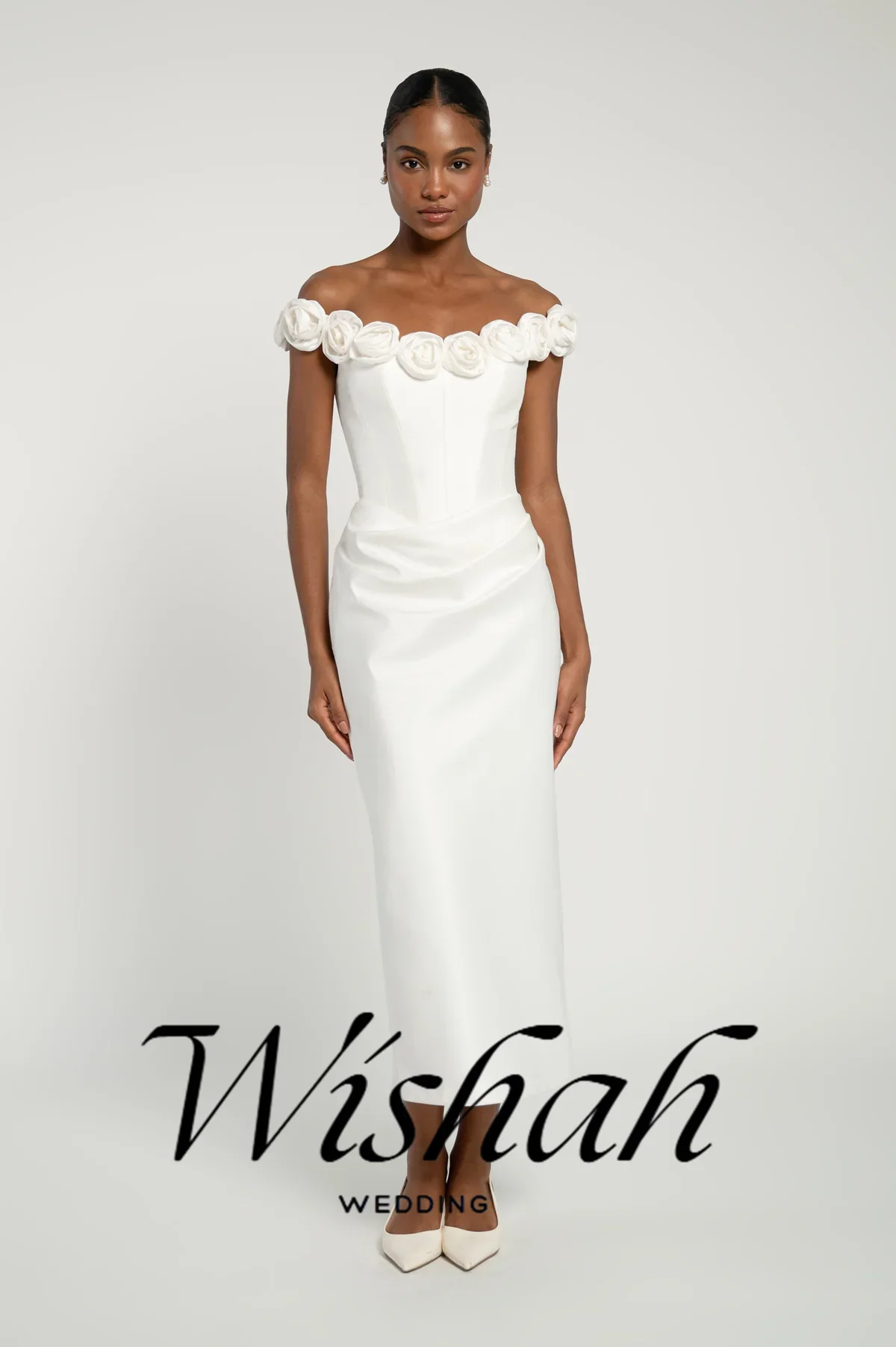Wishah Customized Simple Off-the-shoulder White Wedding Dress Ankle Length Sleeveless Backless 3D Floral Bridal Gown