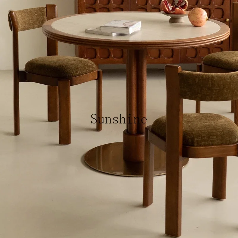 Medieval travertine rock slab solid wood dining table household small apartment round dining table