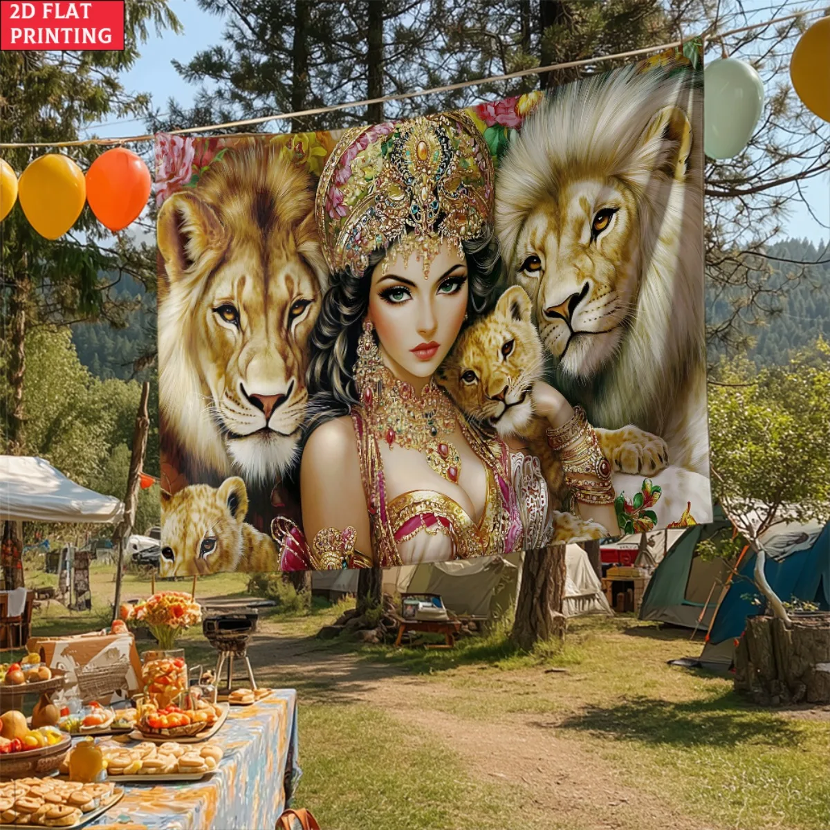 unframed Queen with Lions Royal Fantasy Wall Tapestry Mythical Art Decor Majestic Animal Print Home Decoration Exotic Princess S