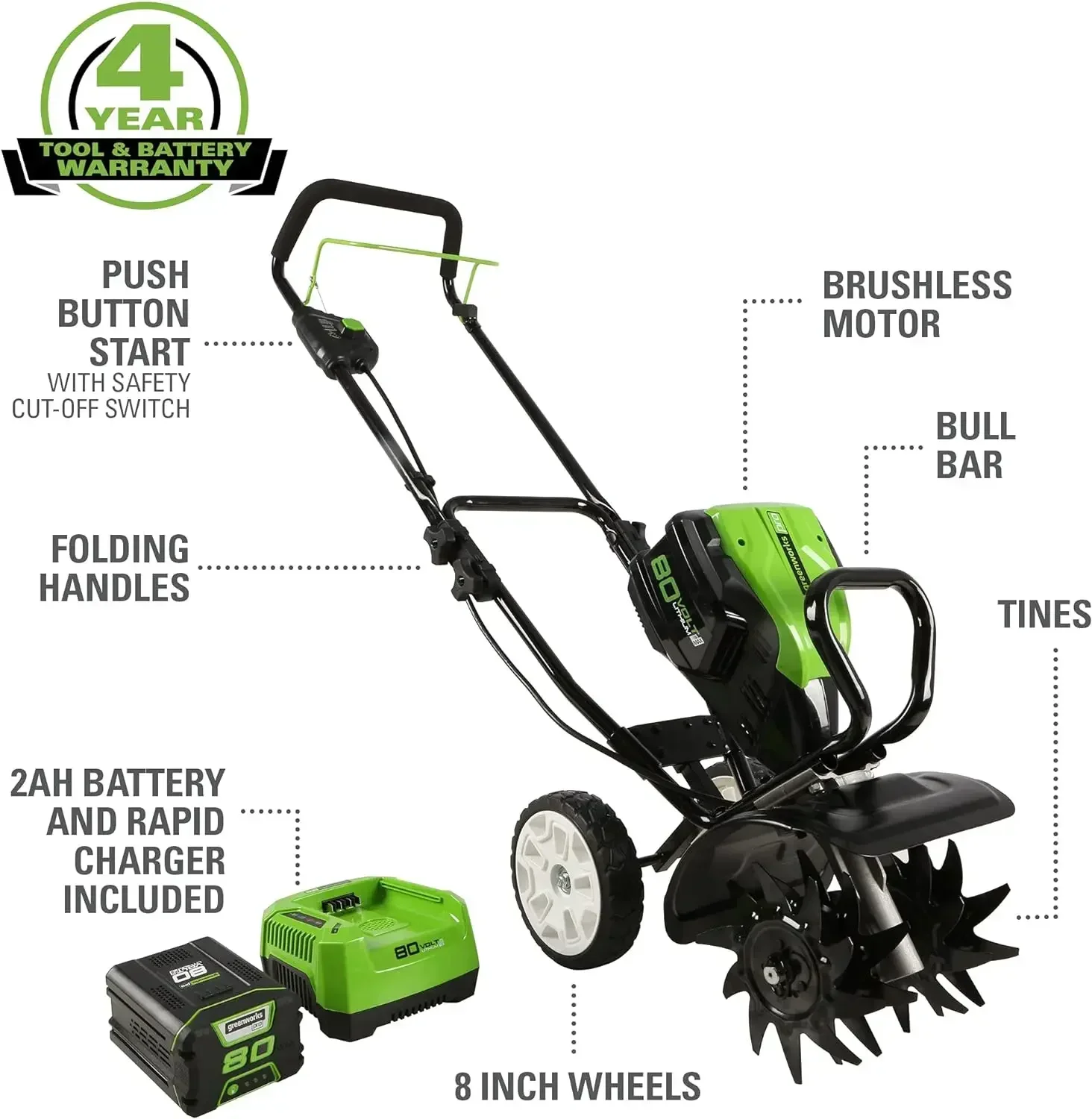 For Greenworks Pro 80V 10 inch Cultivator with 2Ah Battery and Charger, For TL80L210, Black And Green