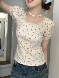 10Colors Summer 2024 Korean style French Floral neck Short Sleeve T-Shirts Women Slim puff Sleeve Tops Femme (X3402