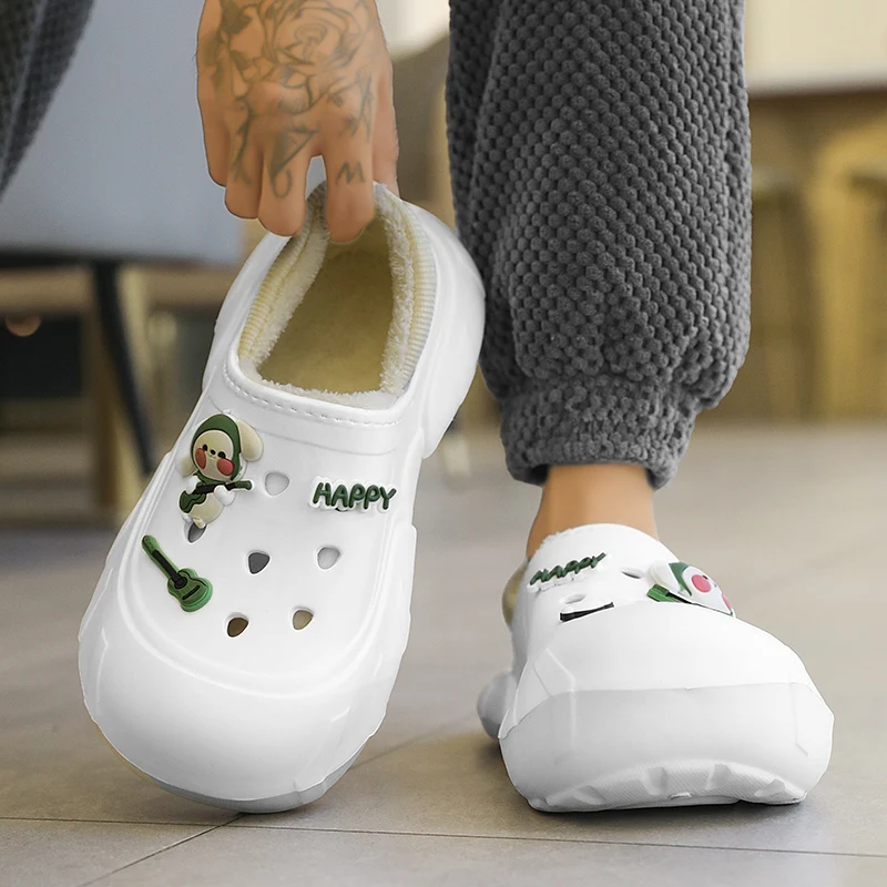 

Зимние хлопковые тапочки, мужская обувь, мягкие удобные теплые женские сандалии, короткие плюшевые уличные мужские сабо без шнуровки