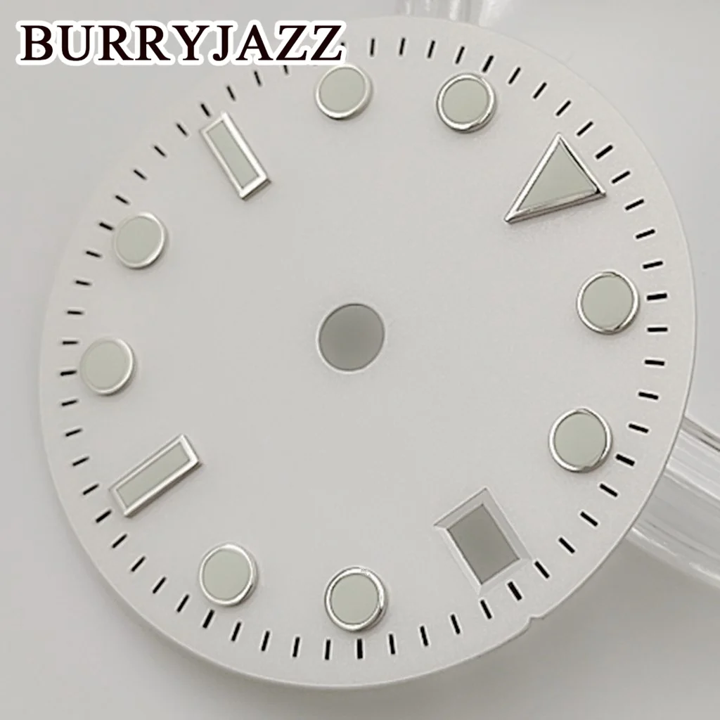 BURRYJAZZ 28.5mm No Logo NH35 Watch Dials Green Blue White Dial Green Luminous Fit 3 O'clock 3.8 O'clock Case Crown