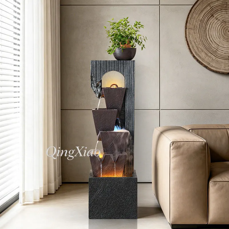 Freestanding Tiered Rock‑Textured Water Feature Floor Fountain Ornament for Living Room Office Study Hall Villa Reception Decor