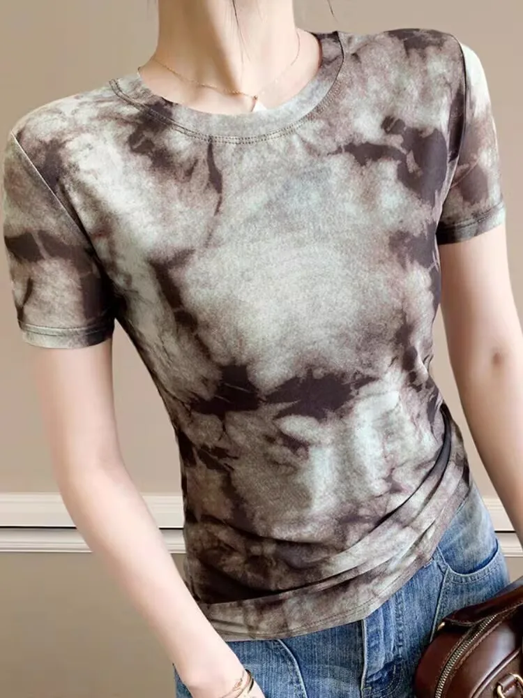 

2025 High Street Female T-shirt Spring Summer Woman S-3XL Short Sleeve Art Print Chic Tops Tee Geometric Abstract Art Tie-dye