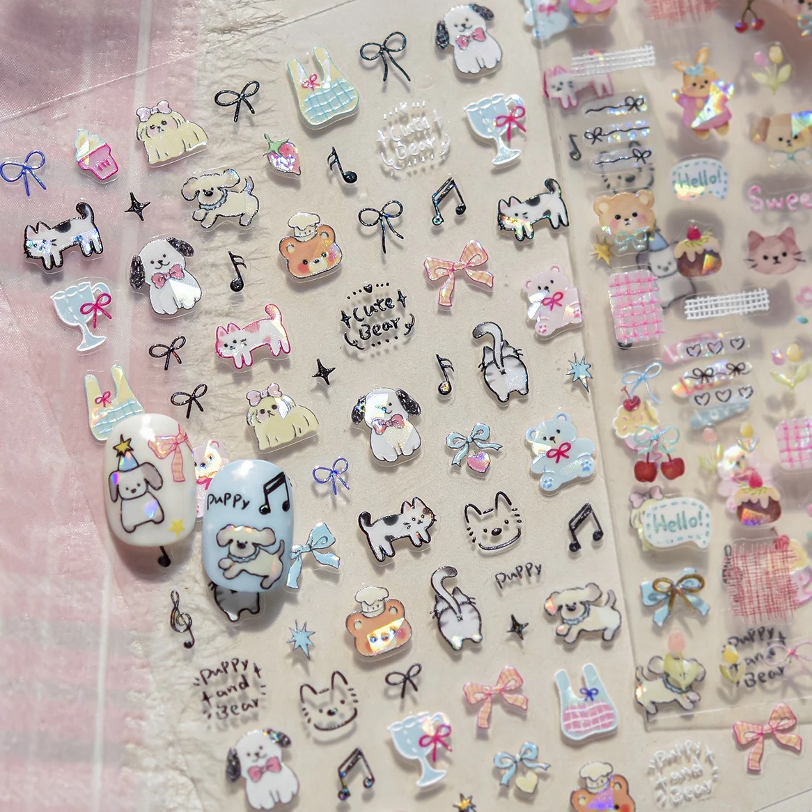 Schöne Tiere Katze Hund Bär Party Welpe Kätzchen Kuchen Schleife Blume Liebe Herz Spitze Gürtel selbstklebende Nail Art Aufkleber Maniküre Aufkleber