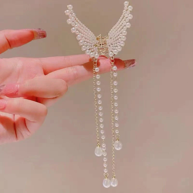 

New Tassel Butterfly Pearl Hair Clip Women Hair Claw Elegant Hairpin Hair Crab Hair Accessory