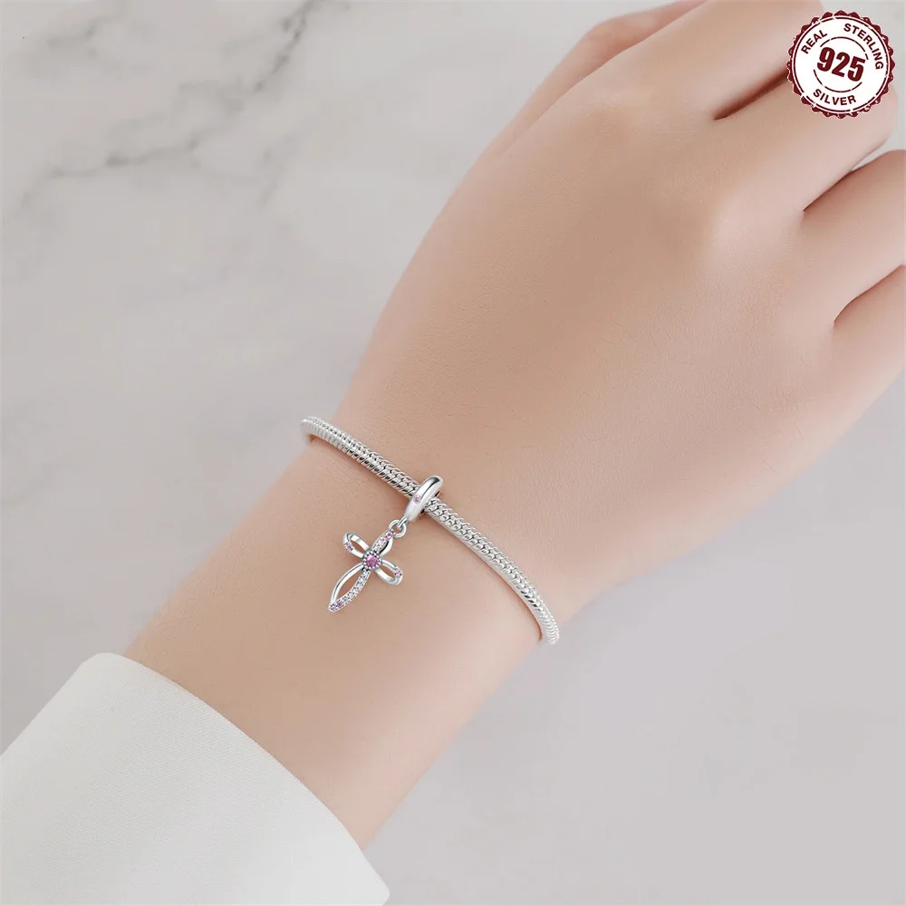 Pure Silver Bow Cross Bracelet Pendant, Victorian Fashion Style| Handmade with heart-shaped zircon inlay｜gift for girlfriends.