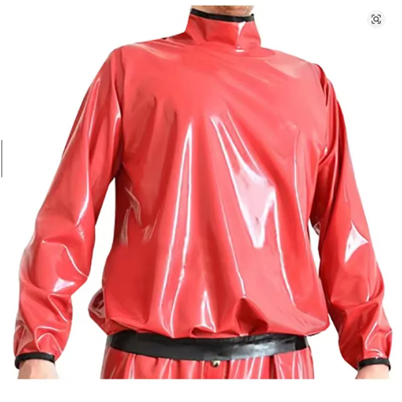 Rote und schwarze sexy Latex-Pyjamas mit langen Ärmeln, hohem Kragen, locker sitzendem Gummi-Oberteil, Sweatshirts, Nachthemd für Herren