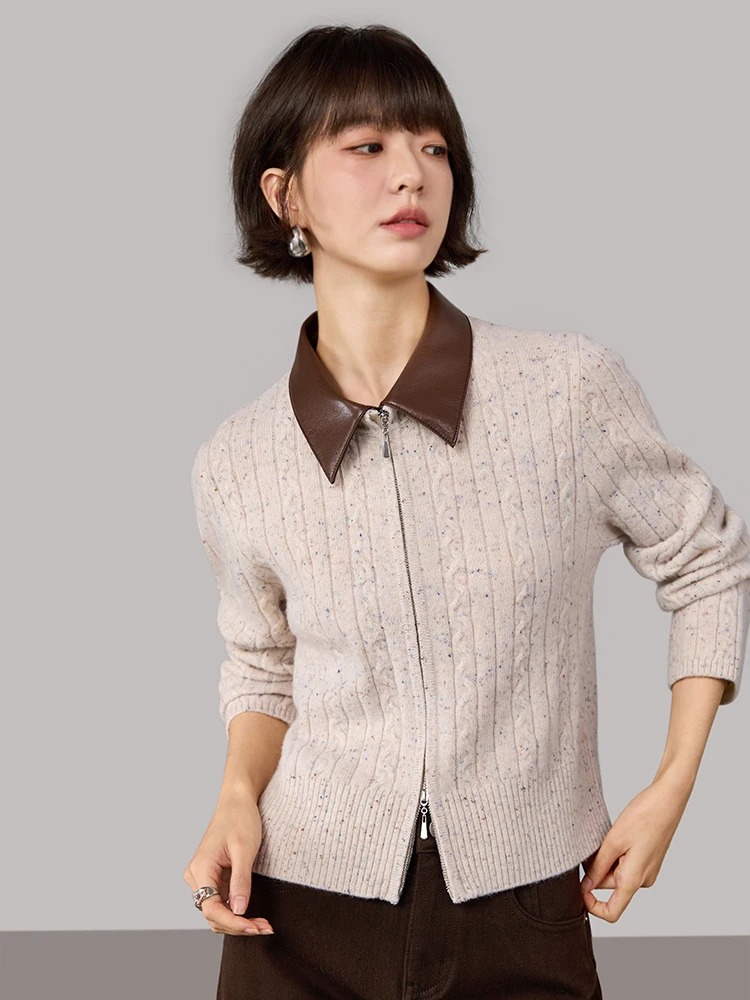 

00% Wool Knitted Open Cardigan Women's Autumn Winter Sweater Jaet Double Zipper Flip Collar Color Blo Commute Sle or...