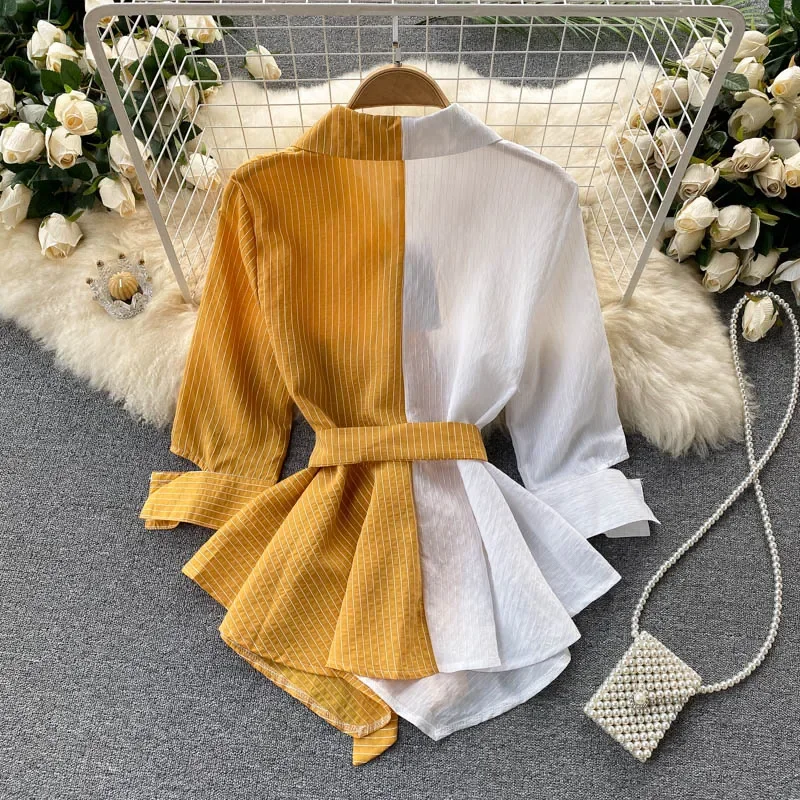 Basics Long Sleeve Turn-down Collar Chic Striped Bandage Asymmetrical Slim Top Korean Streetwear High Street Autumn Women Blouse